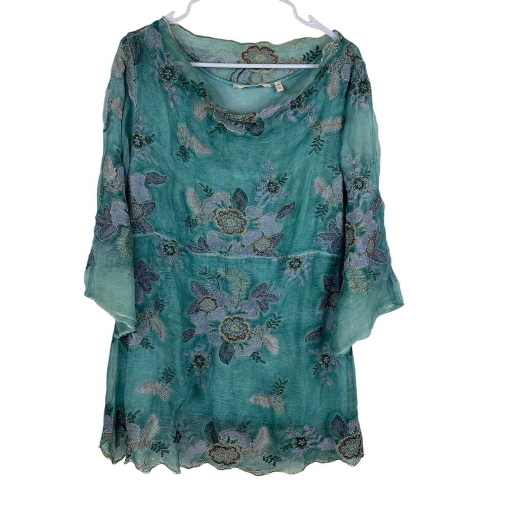Soft Surroundings Women's Top Blue Sz PM Silk Flora Embroidered Fairy Boho